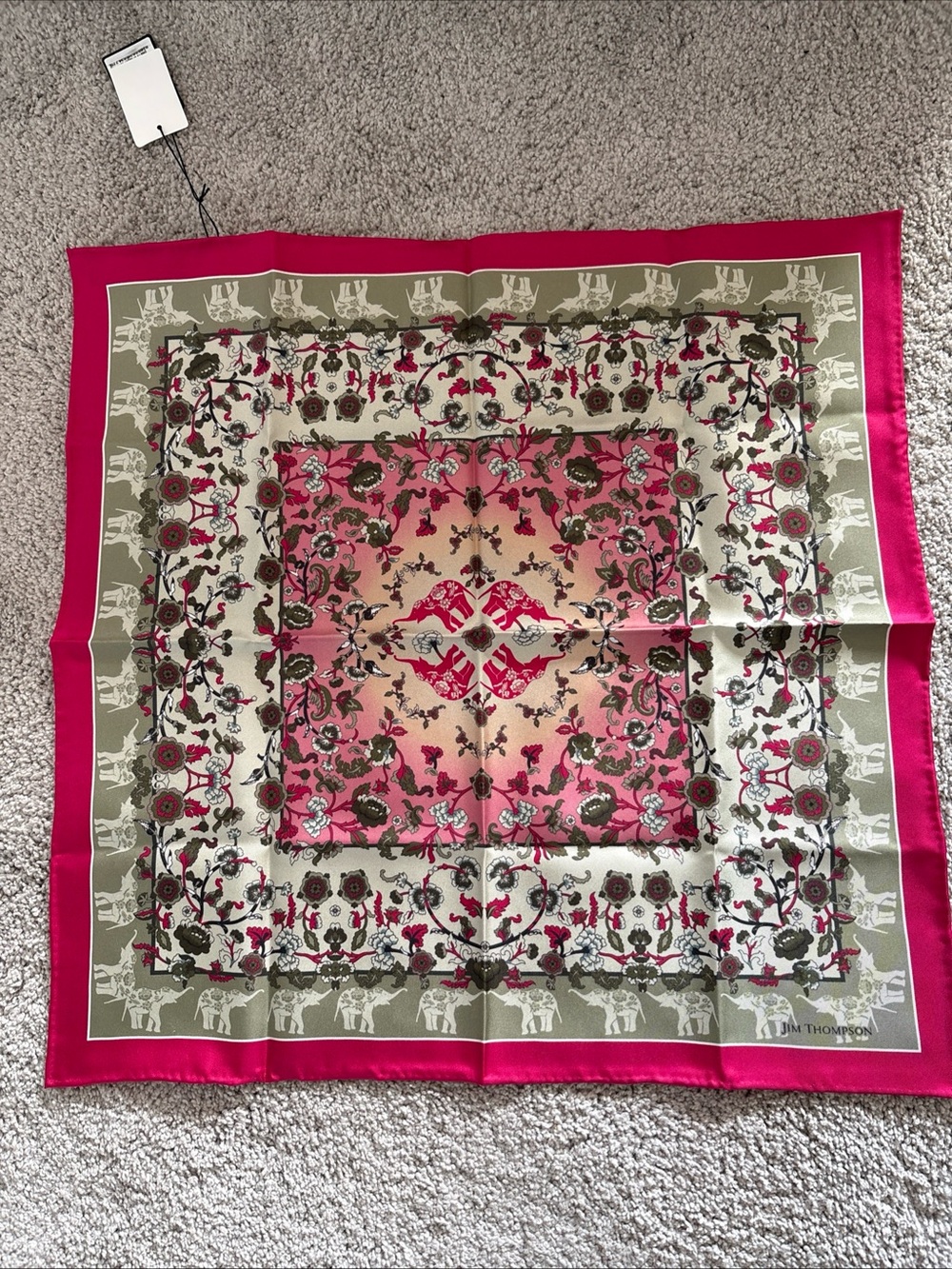 Jim Thompson Floral Silk Napkin or Scarf - Pink & Olive Green Elephant Design